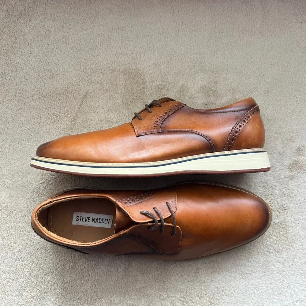 Steve Madden Brelman Men 8M Burnished Cognac Brown Leather Oxford‎ Dress Shoes